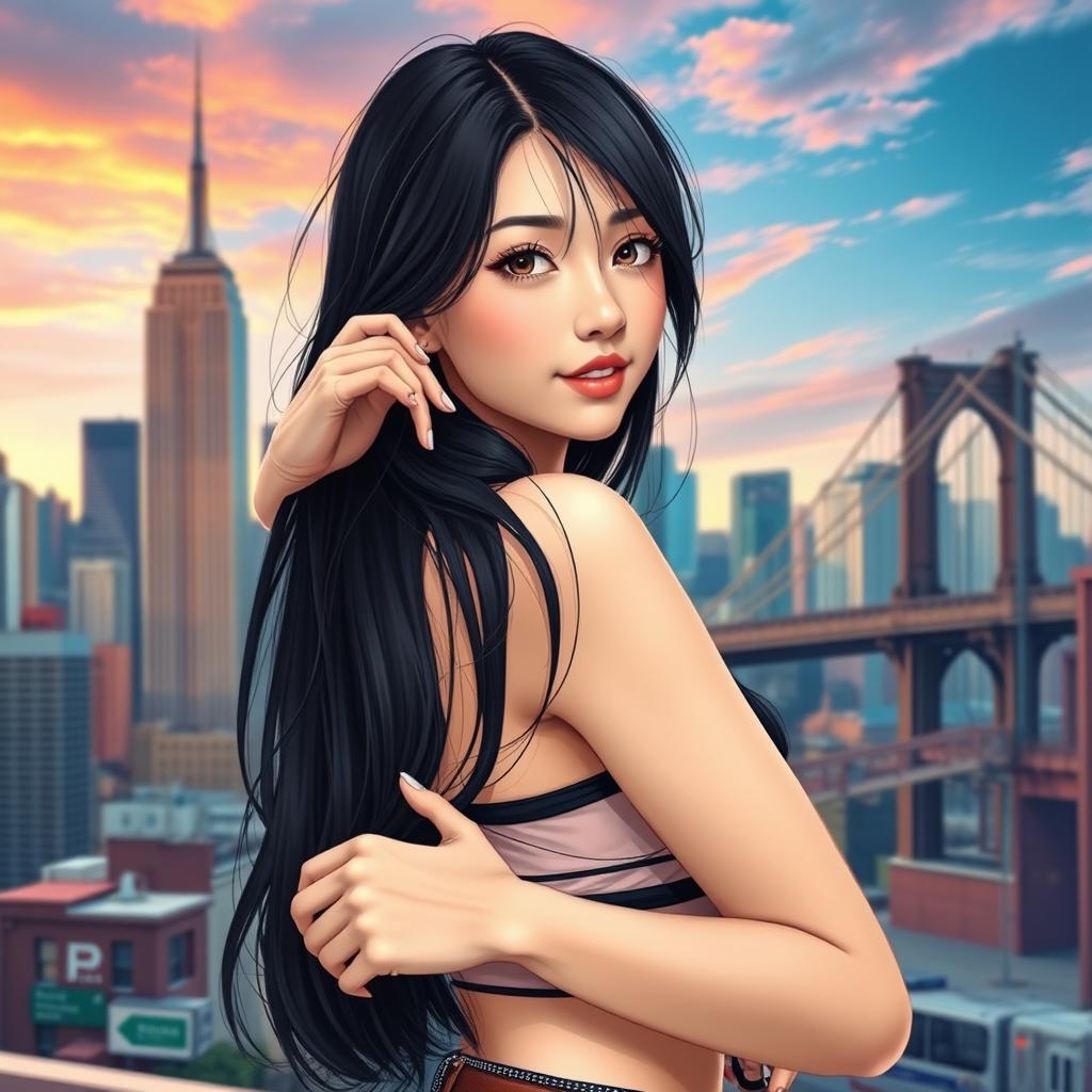 A stunning Japanese girl posing confidently in an artistic scene set in New York City