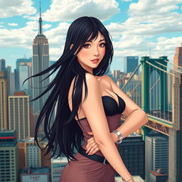 A stunning Japanese girl posing confidently in an artistic scene set in New York City