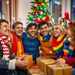A lively and festive Christmas gathering featuring a joyful group of LGBTQ+ friends celebrating together