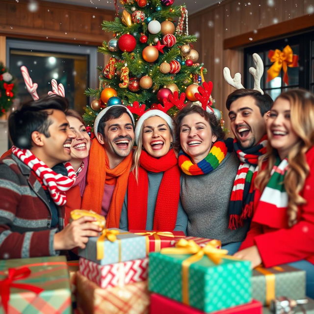 A lively and festive Christmas gathering featuring a joyful group of LGBTQ+ friends celebrating together