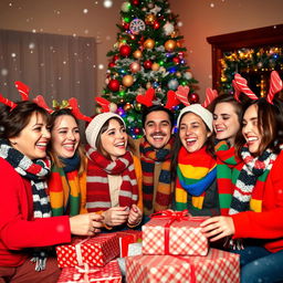 A lively and festive Christmas gathering featuring a joyful group of LGBTQ+ friends celebrating together