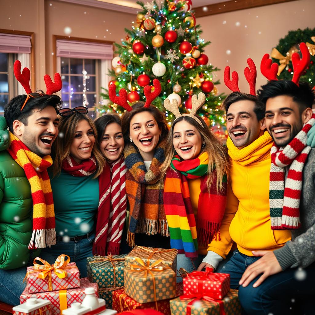 A lively and festive Christmas gathering featuring a joyful group of LGBTQ+ friends celebrating together