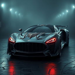 A dark and provocative artistic rendering of an evil luxury car concept, designed with a chilling theme that incorporates elements resembling the textures of skin, embodying a grotesque understanding of high-end automotive design