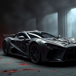 A dark and provocative artistic rendering of an evil luxury car concept, designed with a chilling theme that incorporates elements resembling the textures of skin, embodying a grotesque understanding of high-end automotive design