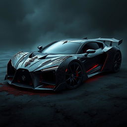 A dark and provocative artistic rendering of an evil luxury car concept, designed with a chilling theme that incorporates elements resembling the textures of skin, embodying a grotesque understanding of high-end automotive design