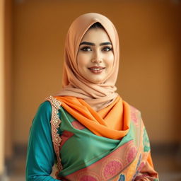 A Muslim woman elegantly dressed in a vivid, colorful saree that gracefully drapes over her body