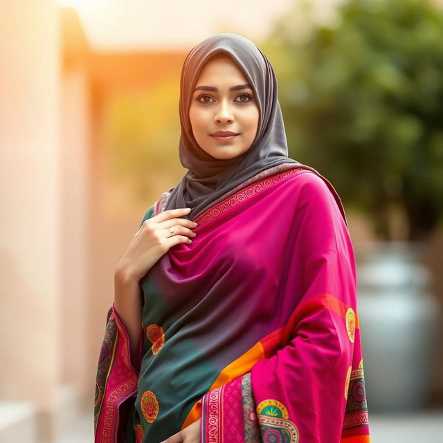 A Muslim woman elegantly dressed in a vivid, colorful saree that gracefully drapes over her body