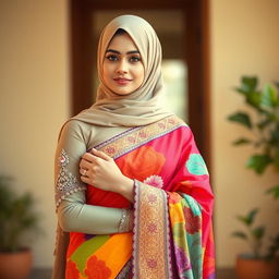 A Muslim woman elegantly dressed in a vivid, colorful saree that gracefully drapes over her body