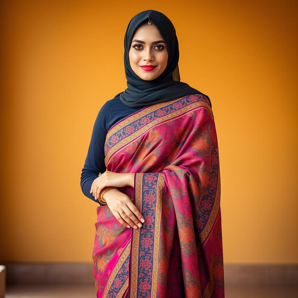 A Muslim woman elegantly dressed in a vivid, colorful saree that gracefully drapes over her body