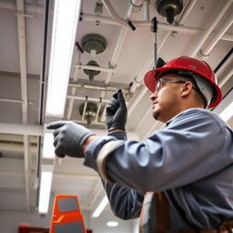 A professional fire protection technician conducting the installation of fire sprinklers in a commercial building