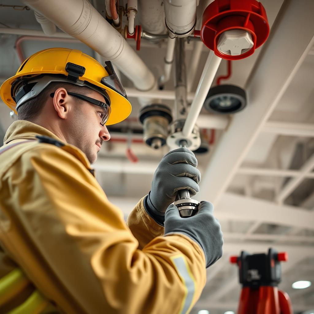 A professional fire protection technician conducting the installation of fire sprinklers in a commercial building