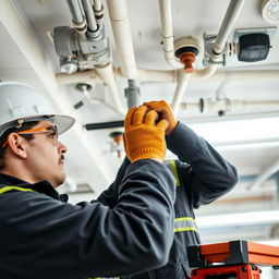 A professional fire protection technician conducting the installation of fire sprinklers in a commercial building