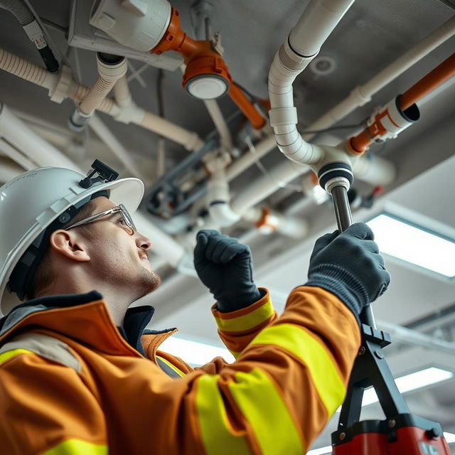 A professional fire protection technician conducting the installation of fire sprinklers in a commercial building