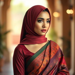 A Muslim woman beautifully adorned in a colorful saree that elegantly drapes over her silhouette, showcasing her confident posture