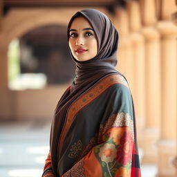 A Muslim woman beautifully adorned in a colorful saree that elegantly drapes over her silhouette, showcasing her confident posture