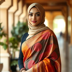 A Muslim woman beautifully adorned in a colorful saree that elegantly drapes over her silhouette, showcasing her confident posture
