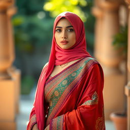 A Muslim woman beautifully adorned in a colorful saree that elegantly drapes over her silhouette, showcasing her confident posture