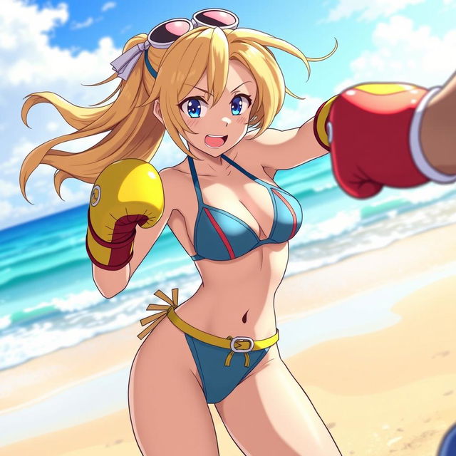 A stunning, energetic scene of Lucy Heartfilia, a character from a popular anime, at the beach