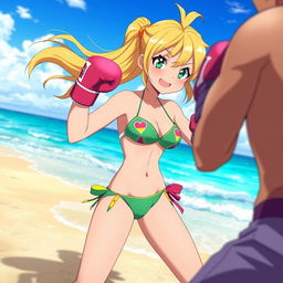A stunning, energetic scene of Lucy Heartfilia, a character from a popular anime, at the beach