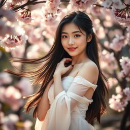 A stunning 18-year-old Japanese woman, depicted in an artistic and tasteful manner, with graceful poses highlighting her beauty
