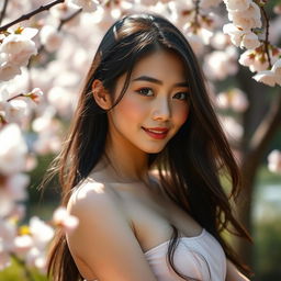 A stunning 18-year-old Japanese woman, depicted in an artistic and tasteful manner, with graceful poses highlighting her beauty