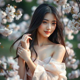 A stunning 18-year-old Japanese woman, depicted in an artistic and tasteful manner, with graceful poses highlighting her beauty