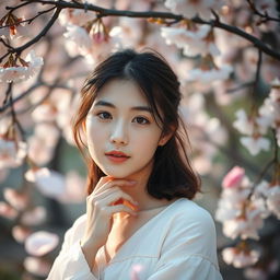 An 18-year-old Japanese woman, elegantly posed in a natural setting, showcasing her beauty with soft lighting that captures her glowing skin and delicate features