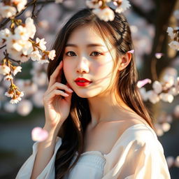 An 18-year-old Japanese woman, elegantly posed in a natural setting, showcasing her beauty with soft lighting that captures her glowing skin and delicate features