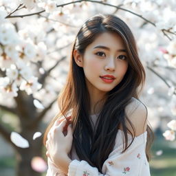 An 18-year-old Japanese woman, elegantly posed in a natural setting, showcasing her beauty with soft lighting that captures her glowing skin and delicate features