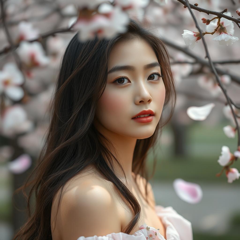 An 18-year-old Japanese woman, elegantly posed in a natural setting, showcasing her beauty with soft lighting that captures her glowing skin and delicate features