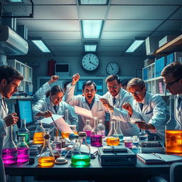 An intense laboratory scene where scientists are frantically gathering their equipment and papers as time runs out