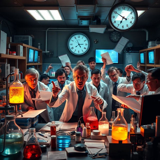 An intense laboratory scene where scientists are frantically gathering their equipment and papers as time runs out