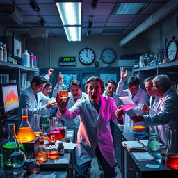 An intense laboratory scene where scientists are frantically gathering their equipment and papers as time runs out