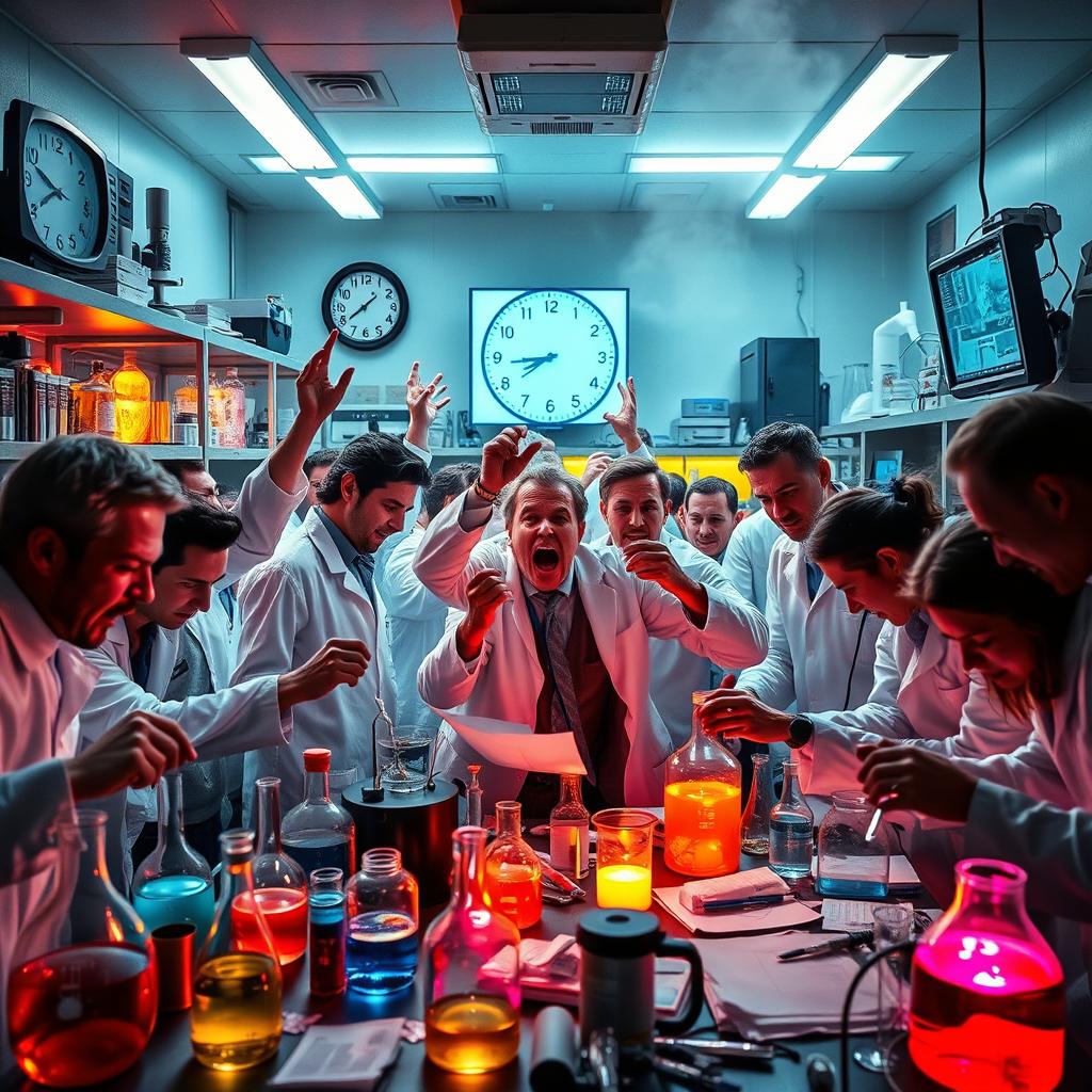 An intense laboratory scene where scientists are frantically gathering their equipment and papers as time runs out