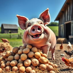 A cheerful, plump pig happily munching on a pile of fresh, earthy potatoes in a bright, sunny farm setting