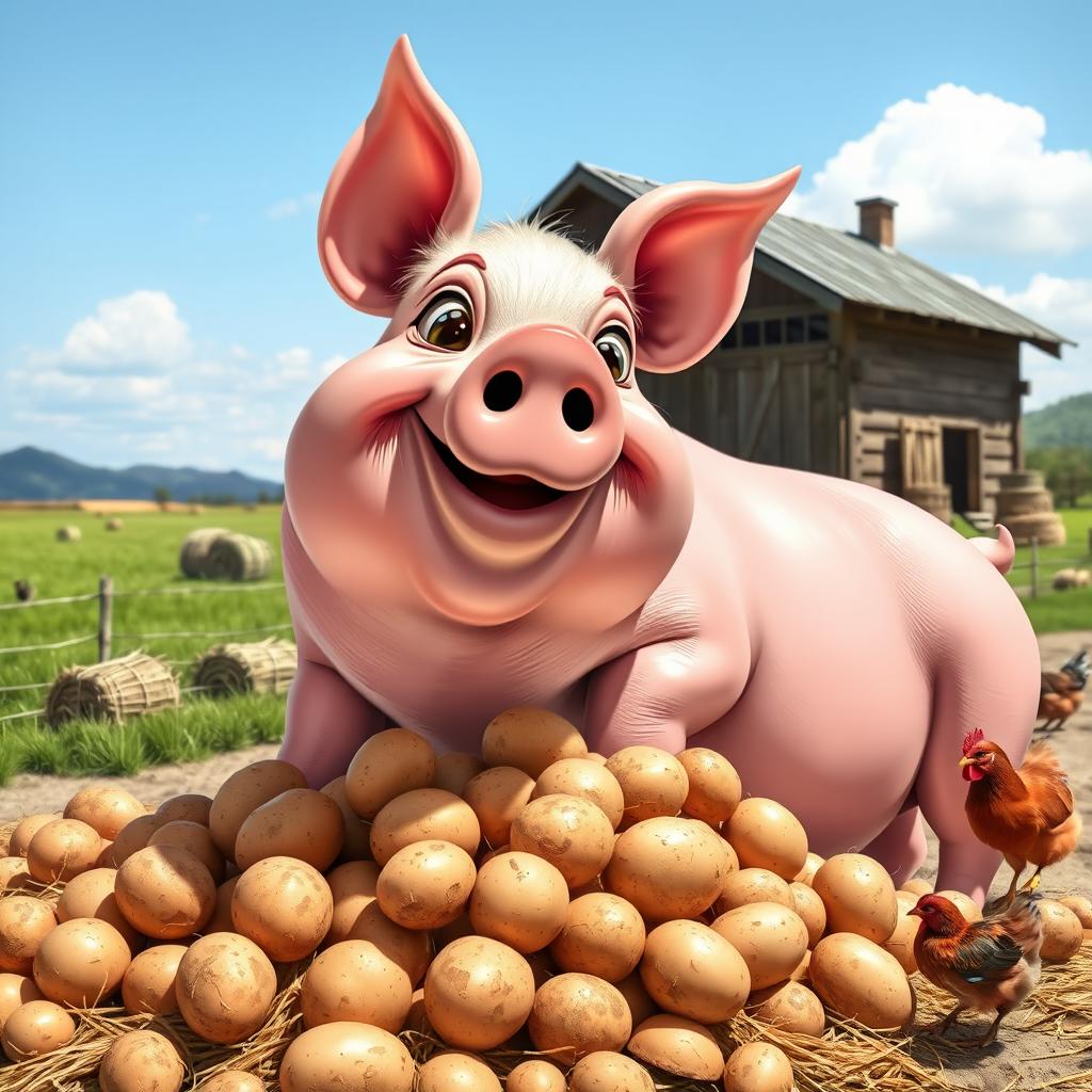 A cheerful, plump pig happily munching on a pile of fresh, earthy potatoes in a bright, sunny farm setting