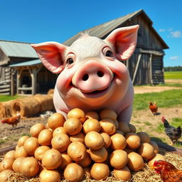 A cheerful, plump pig happily munching on a pile of fresh, earthy potatoes in a bright, sunny farm setting