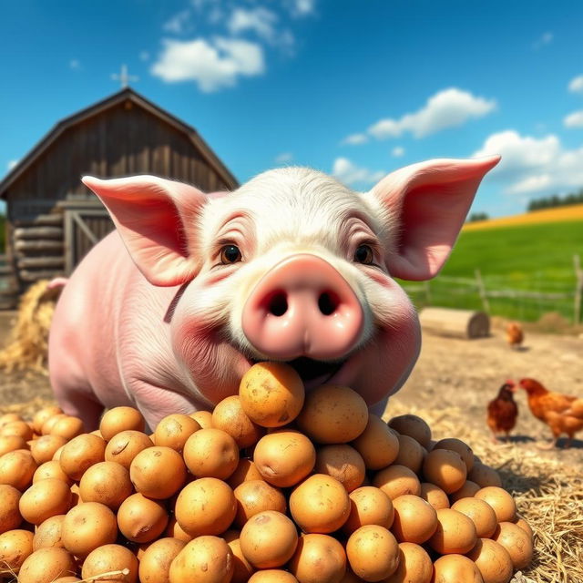 A cheerful, plump pig happily munching on a pile of fresh, earthy potatoes in a bright, sunny farm setting