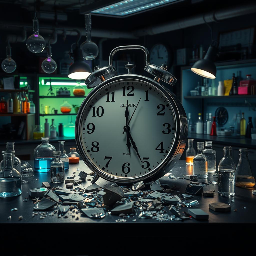 A dramatic laboratory scene showcasing a large, shattered clock on a lab table, symbolizing that time has run out