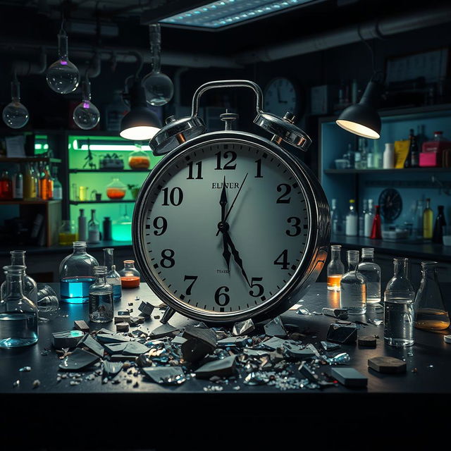 A dramatic laboratory scene showcasing a large, shattered clock on a lab table, symbolizing that time has run out