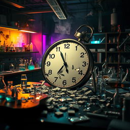 A dramatic laboratory scene showcasing a large, shattered clock on a lab table, symbolizing that time has run out