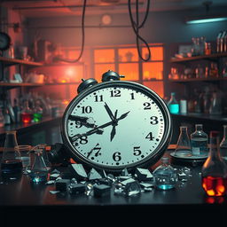 A dramatic laboratory scene showcasing a large, shattered clock on a lab table, symbolizing that time has run out