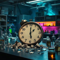 A dramatic laboratory scene showcasing a large, shattered clock on a lab table, symbolizing that time has run out