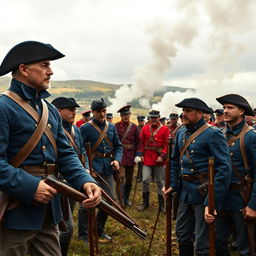A dramatic scene depicting American and British soldiers in a tense standoff during the 19th century