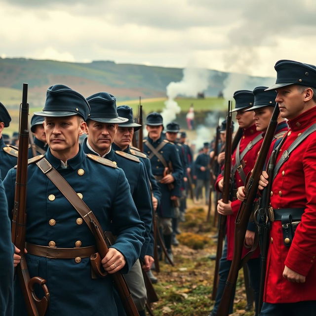 A dramatic scene depicting American and British soldiers in a tense standoff during the 19th century