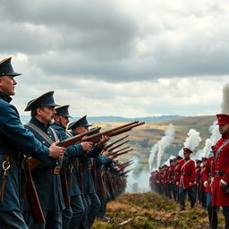 A dramatic scene depicting American and British soldiers in a tense standoff during the 19th century