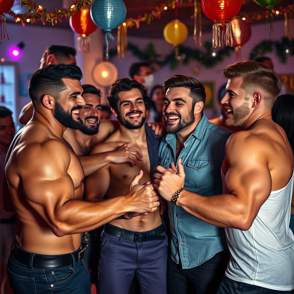A vibrant and energetic scene depicting a group of muscular men engaging in an intimate dance celebration, displaying camaraderie and connection