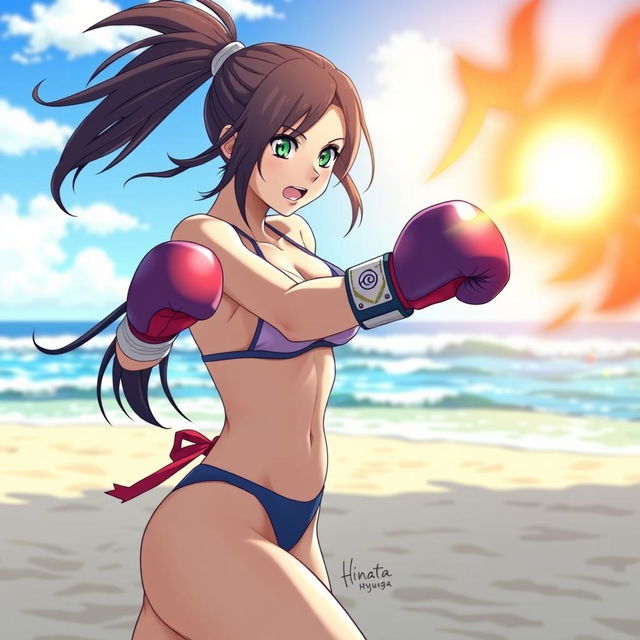 Hinata Hyuga, a fictional character from Naruto, depicted on a sandy beach wearing a stylish bikini, engaged in an energetic boxing match