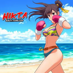 Hinata Hyuga, a fictional character from Naruto, depicted on a sandy beach wearing a stylish bikini, engaged in an energetic boxing match