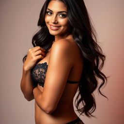 A beautiful 18-year-old brunette girl with long hair, curvy body, wearing stylish lingerie, posing confidently